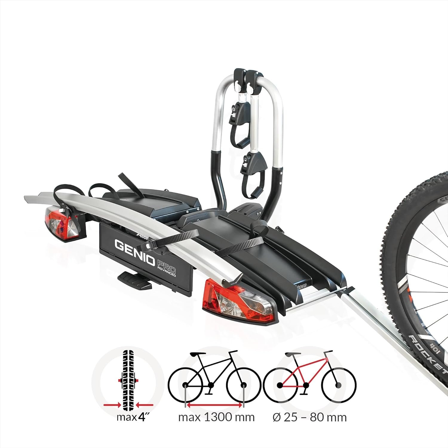 Atera 022780 Genio Pro Advanced Portabici pieghevole con luci posteriori per 2 biciclette o bici elettriche